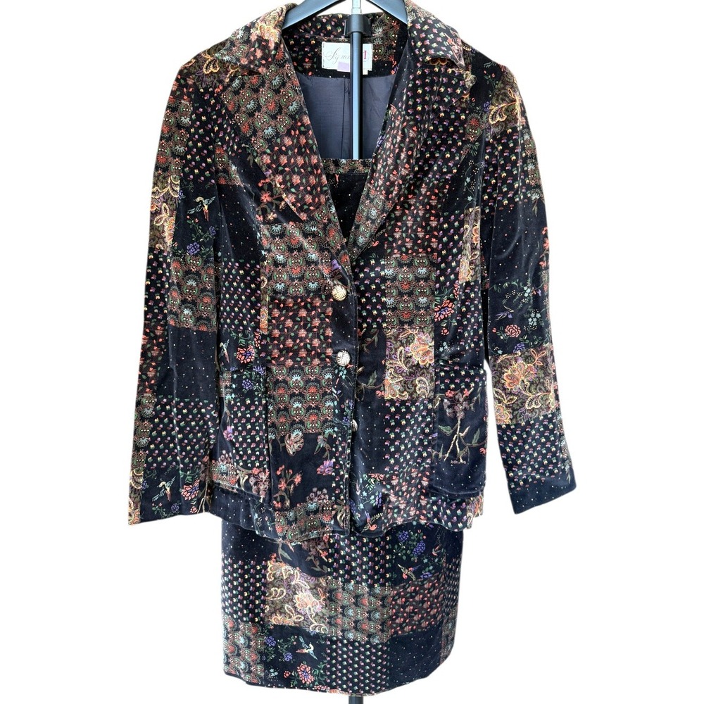 VTG Signature New York Velvet Patchwork Blazer Skirt Set Whimsigoth Size 8